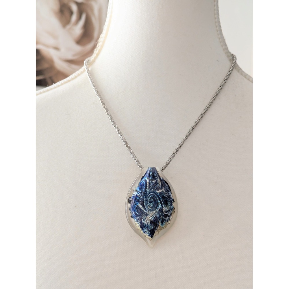 Murano Glass Pendant Necklace With Midnight Blue Mosaic Swirls & Silver Tone 18"